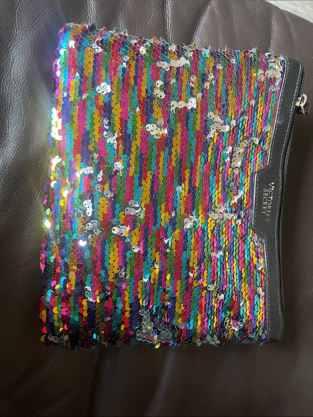 Victoria's Secret Rainbow Sequin Cosmetic Pouch with Black Trim